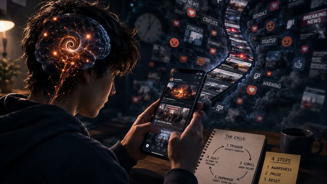 A person scrolling an endless feed of alarming headlines